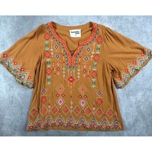 Savanna Jane Womens Medium Blouse Rayon Goldenrod Embroidered Boho Bell Sleeve